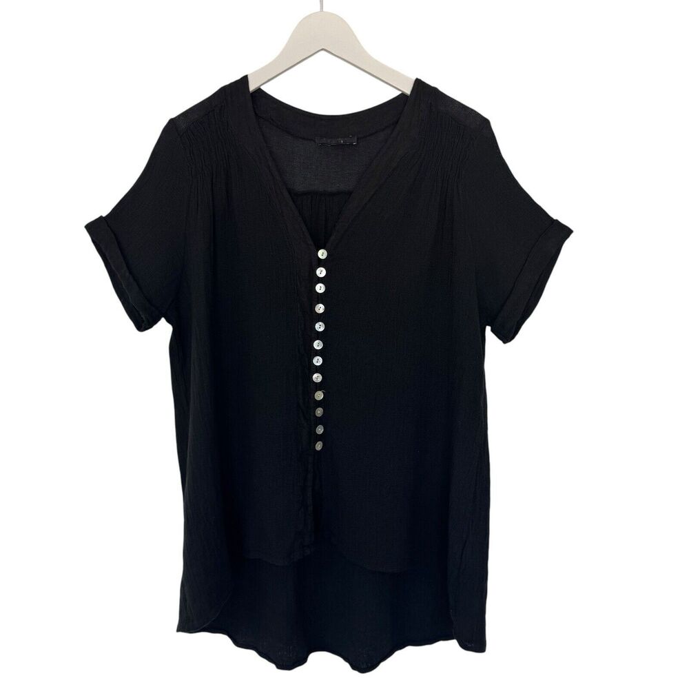 Meo Meli Black Linen Gauze Top Roll Tab Sleeve Abalone Shell Button Up L-XL